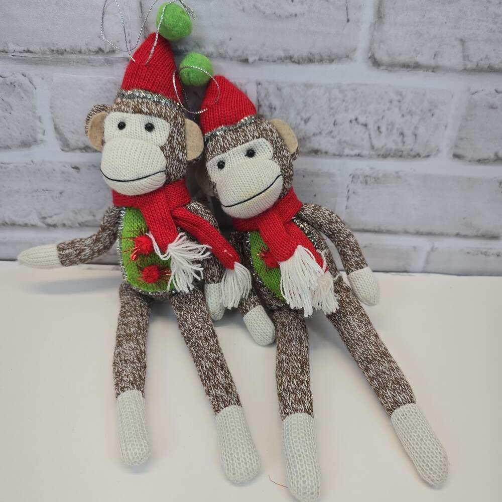 Sock Monkey Plush Christmas Ornaments With Red Hats & Bow Ties & Tinsel LOT of 2